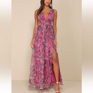 Lulu’s Garden Romance Magenta Floral Print Organza Maxi Dress